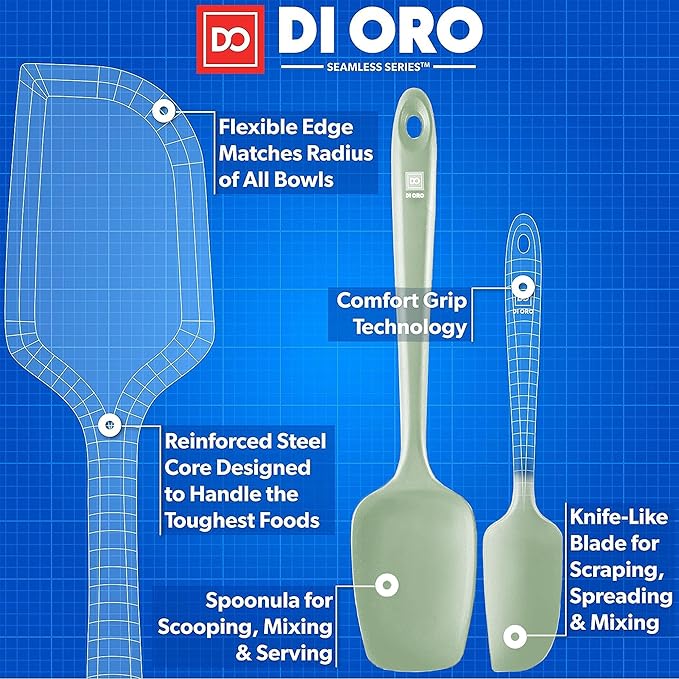 di Oro Living Silicone Spatula Set - Rubber Kitchen Spatulas for Baking, Cooking, Mixing - 600째F Heat-Resistant & BPA Free Silicone Scraper Spatulas for Nonstick Cookware - Dishwasher Safe (3pc, Sage)