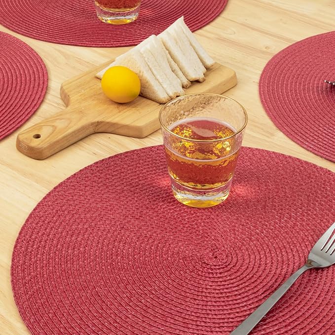 Winknowl Round Braided Placemats Set of 6 Washable Woven Heat Resistant Table Mats for Kitchen Dining Tables 15 inch Round Place Mats (Red,6pcs)