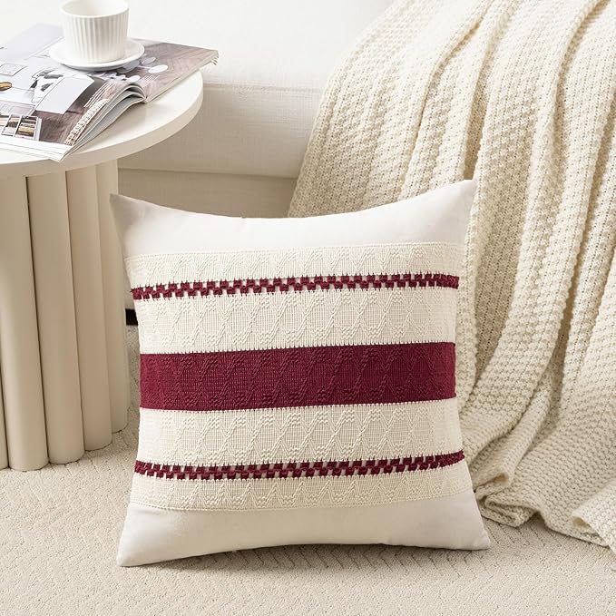 Fancy Homi Set of 2 Burgundy Boho Euro Decorative Throw Pillow Covers 26x26 Inch for Couch Bed Sofa, Aesthetic Modern Farmhouse Christmas Room Decor, Soft Cotton Cute Textured Cushion Case