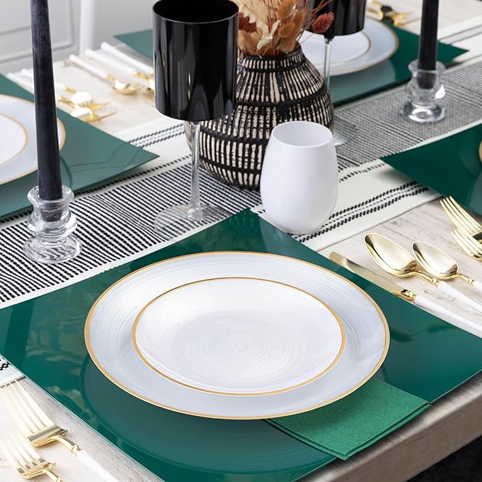 PLASTICPRO 32 Pieces Crystal Design Plastic Plates Combo Pack 7 inch and 10 inch Gold Rim Elegant Disposable Plates, Pearl White
