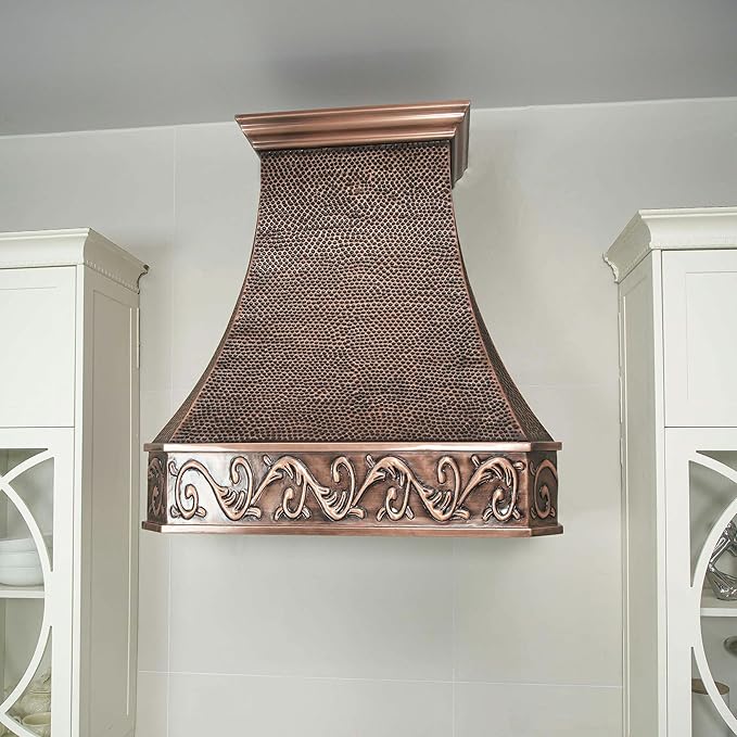 CT Copper Tailor Copper Vent Hood Island Mount,30'' W,48''H, 610 CFM Exhaust Fan,Stainless Steel Vent,LED Light,Dishwasher-Safe Baffle Filters,Heavy Hammered-Medium Patina,VH3A