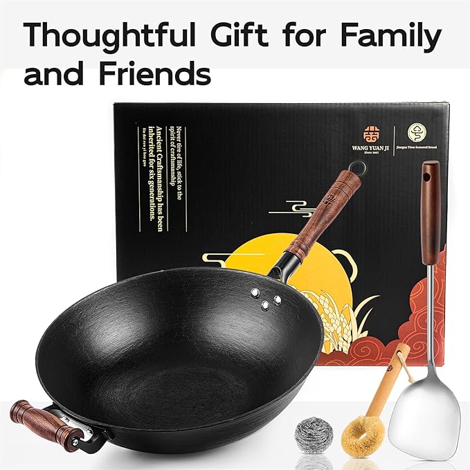WANGYUANJI 13.4 Inch Traditional Cast Iron Wok with Wooden Lid and Stainless Spatula, Flat Bottom Double-Handle Chinese Stir Fry Pan, Uncoated Cast Iron Wok for Induction, Gas and Electric Stoves