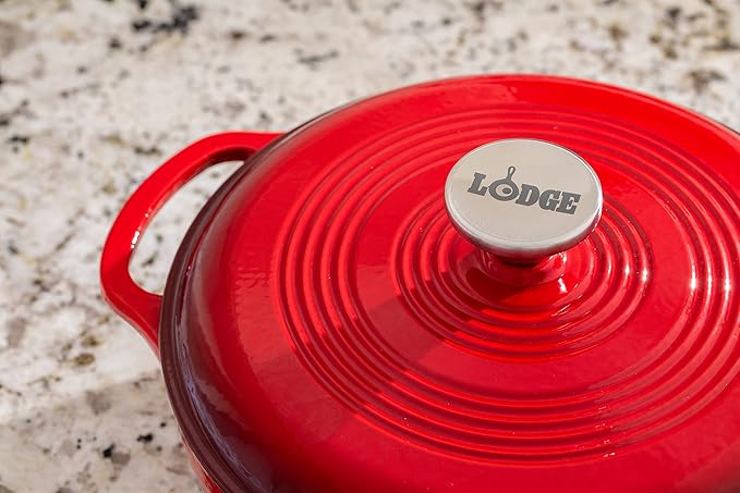 Lodge 3 Quart Enameled Cast Iron Dutch Oven with Lid ??Dual Handles ??Oven Safe up to 500째 F or on Stovetop - Use to Marinate, Cook, Bake, Refrigerate and Serve ??Island Spice Red