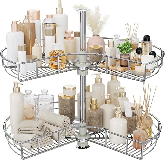 DWVO 28??Kidney 2-Tier Lazy Susan ??Telescoping Mount Corner Cabinet Organizer with Pie-Shelf Design, for Bathroom,Kitchen Cabinet Blind Corners (Chrome, 270째 Adjustable)