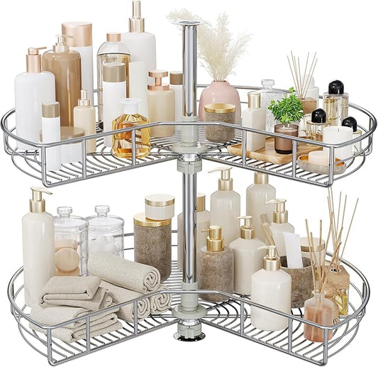 DWVO 28??Kidney 2-Tier Lazy Susan ??Telescoping Mount Corner Cabinet Organizer with Pie-Shelf Design, for Bathroom,Kitchen Cabinet Blind Corners (Chrome, 270째 Adjustable)