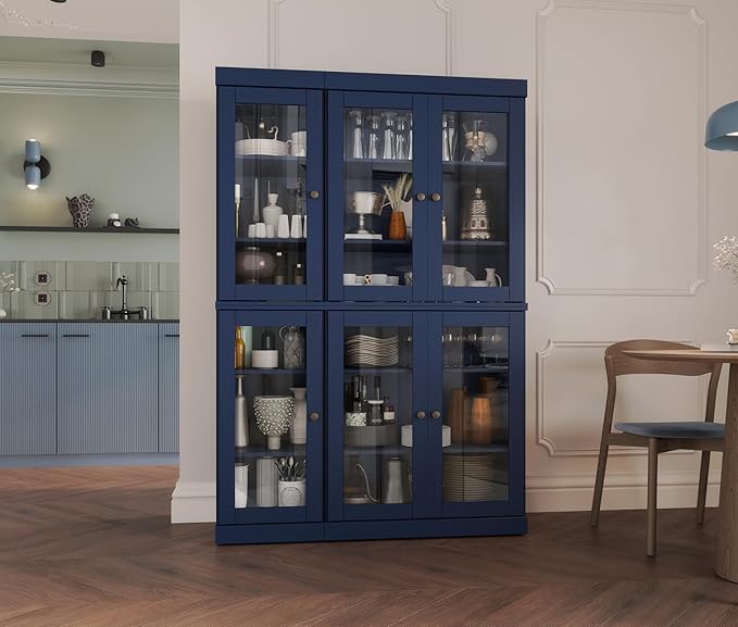 Palace Imports 100% Solid Wood 48.5" Pantry China Cabinet with Clear Glass Doors and Adjustable Shelves (Navy Blue)
