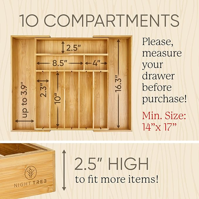 Night Tree 2.5??Extra Deep Silverware Drawer Organizer with Adjustable Dividers ??Expandable Bamboo Flatware Tray for Kitchen, Reinforced Wood Cutlery Holder (14"-21.6" Wide)