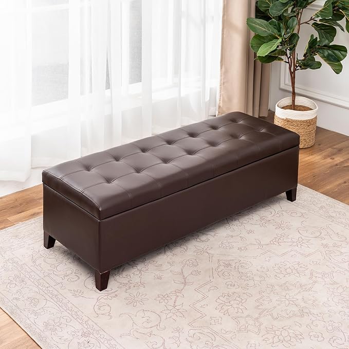 DECO DE VILLE Ottoman with Storage, 51 Inch Large Ottomans Storage Bench,Faux Leather Upholstered End of Bed Bench with Hinged Lid, Long Foot Rest Stool for Living Room Bedroom, Brown