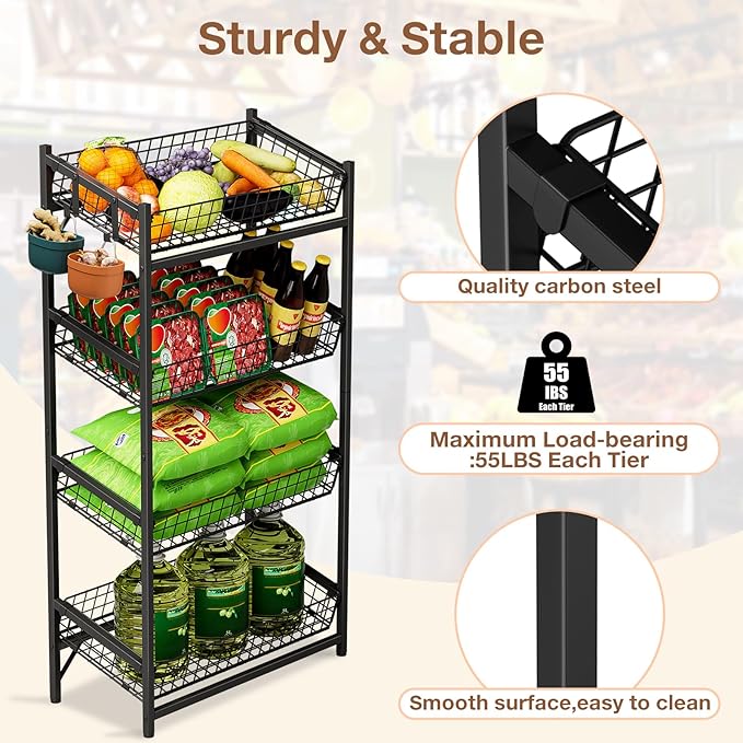 VOPEAK 4 Tier Retail Snack Display Stand, Metal Retail Display Rack with 2 Hooks, Potato Storage Rack, Concession Stand Candy Organizer, Easy Assembly Fruit Basket, Snack Organizer for Pantry, Office