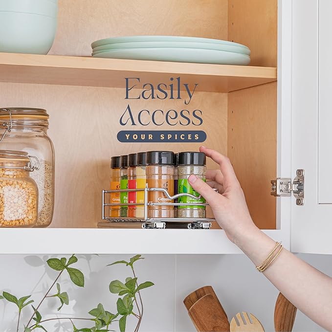 Pull Out Cabinet Organizer for Spices, Cans - Heavy Duty with Lifetime Limited Warranty- Pull Out Spice Rack- Cabinet Pull Out Shelf for Cans,Dishes, Etc, 4-1/2"W x 10-1/2"D x 2-3/4?쒱, Chrome
