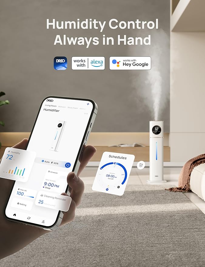 Dreo HM735S 11L Smart Humidifier Large Room 700 ft짼, 100H Cool Mist Air Humidifiers for Bedroom, Top-Fill Self-Cleaning Tank, 26dB, Auto Mode, Aroma Box, RGB Light, Remote & APP Control, Baby, White