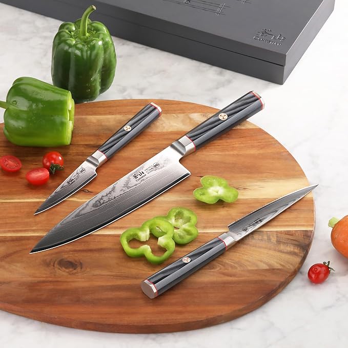Cangshan YARI Series Starter Knife Set With Ash Wood Box, X-7 Damascus Steel (3-Piece)