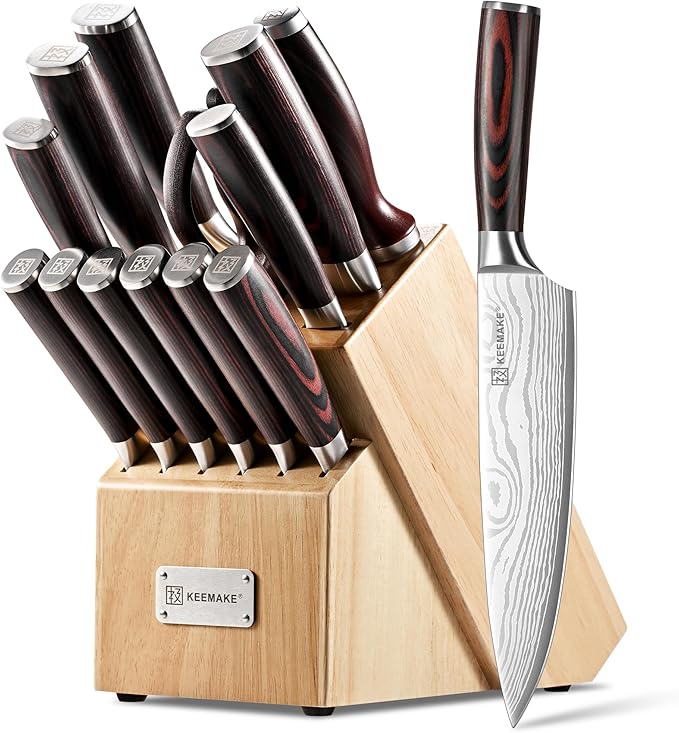 KEEMAKE Knife Block Set - 14 Piece Kitchen Knife Set with Block High Carbon Stainless Steel Ultra Sharp Chef Knife Sets Professional Kitchen Knives with Ergonomic Pakkawood Handle and Sharpener