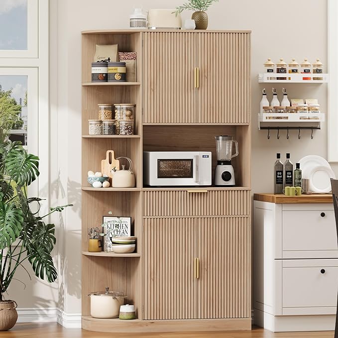 Vabches Kitchen Pantry Cabinet with 5 Side-Opening Storage cabinets, Pull Out Drawers, 2 Fluted Doors and Adjustable Shelves, Wood Hutch Cabinet with Storage for Kitchen, Dining Room and Living Room