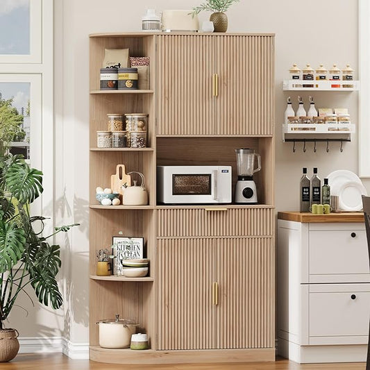 Vabches Kitchen Pantry Cabinet with 5 Side-Opening Storage cabinets, Pull Out Drawers, 2 Fluted Doors and Adjustable Shelves, Wood Hutch Cabinet with Storage for Kitchen, Dining Room and Living Room