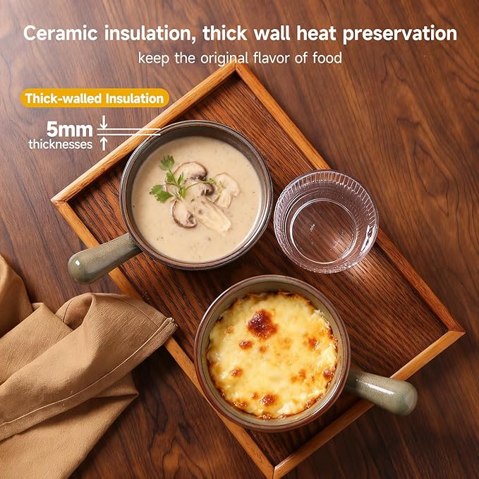MONITO 28 Oz French Onion Soup Bowls, Ceramic Soup Bowls with Handles, Stackable Soup Crocks, Oven/Microwave/Dishwasher Safe, for Cereal, Soups, Casseroles