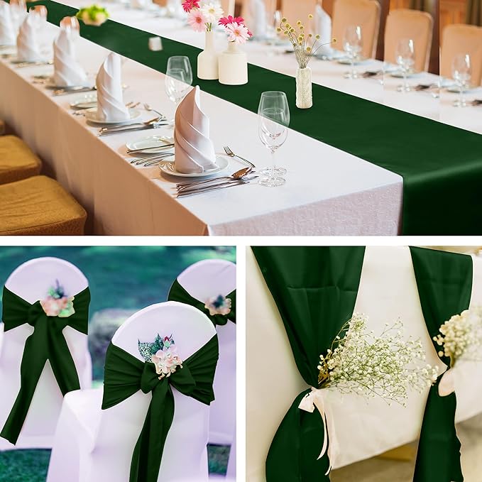 ANECO 4 Pack Satin Table Runner 12 x 108Inch Long Bright Silk and Smooth Fabric Party Table Runner for Wedding Banquet Party Decoration- Forest Green