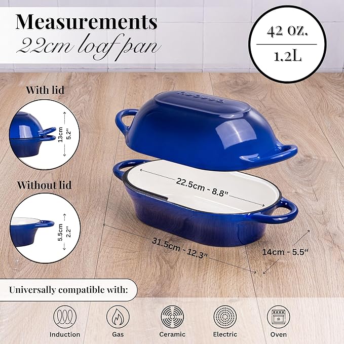 Dutch Oven For Sourdough Bread Baking ??Enamelled Cast Iron Bread Loaf Pot ??Oven Safe Non Stick Bread Pot ??Rectangular, Dark Blue, 24cm x 16cm ??by Nuovva