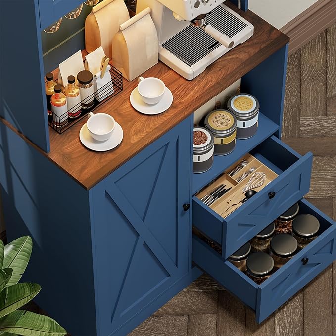 71?섃셁itchen Pantry Storage Cabinet with LED Lights and Power Outlet, Tall Farmhouse Kitchen Hutch with Microwave Stand,Globet Hooks and Adjustable Shelf for Dining Living Room,Blue