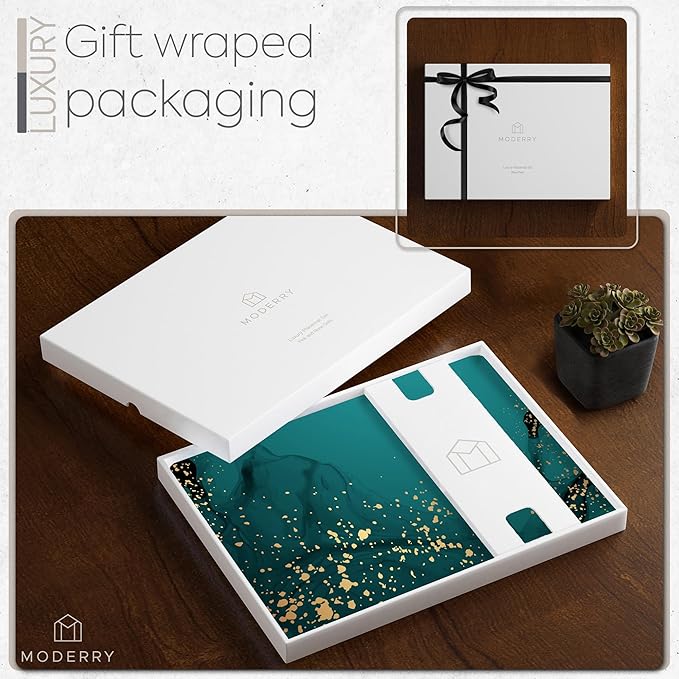 Moderry Set of 4 Heat Resistant Cork Placemats for Dining Table with Free Set of 4 Matching Drink Coasters Deep Green and Gold Design 16 x 12 Inches Cork Backed Hard Placemats (Green Serenity)