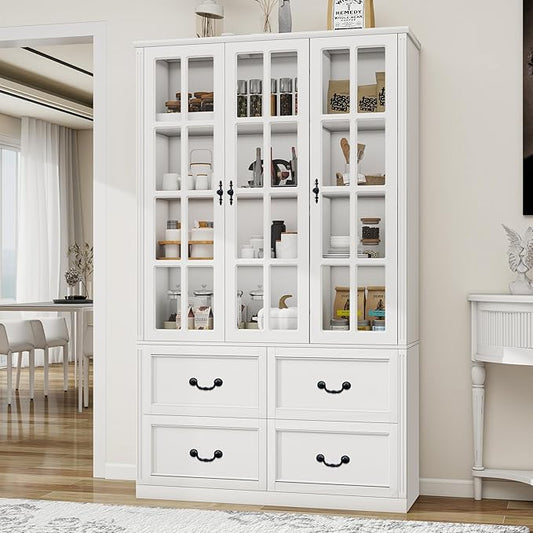 78.8" Tall Bookcase Display Storage Cabinet Hutch with Glass Doors & Drawers - Curio Display Bookshelf Kitchen Pantry for Home, Kitchen, Living Room.