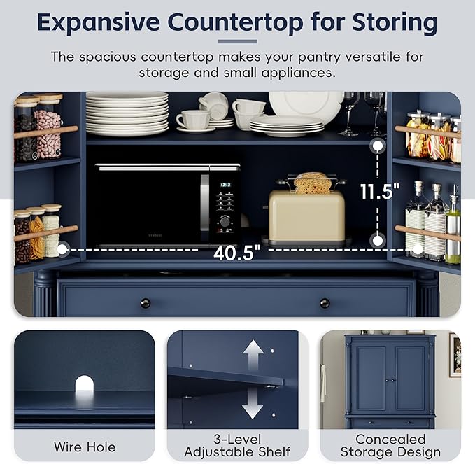Merax 77" Tall Large Kitchen Pantry Storage Cabinet with 2 Doors & 2 Adjustable Shelves & 5 Drawers & 6 Side Door Shelves, Modern Freestanding Food Pantry for Dining Room, Living Room, Blue