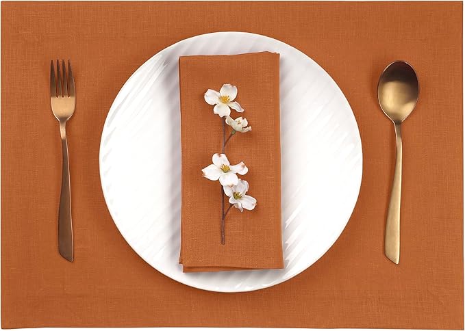 D'Moksha Homes Linen Rust Placemats Set of 8-100% Pure Linen Placemats 14 x 19 Inch for Spring, Easter - Handcrafted and Machine Washable
