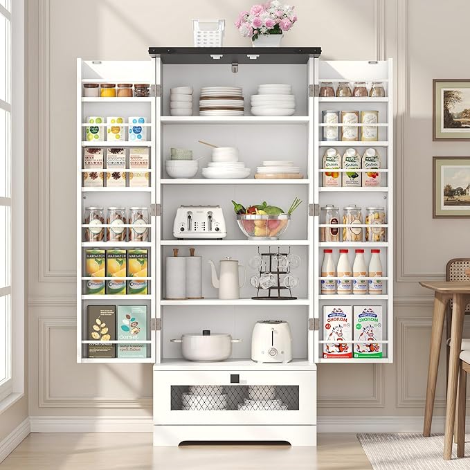 55" Pantry Storage Cabinet with Adjustable Shelvesand Drawer, Buffet Cupboard for Kitchen, LivingRoom, Bathroom, Dining Room
