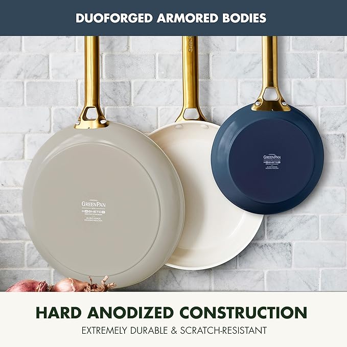 GreenPan 3 Piece Ceramic Cookware Set, Non Stick Frying Pans (8??10??& 12??Skillets), PFAS-Free Non-Toxic Induction Cookware, Hard Anodized, Kitchen Pots, Dishwasher Safe, Navy, Taupe, Cream