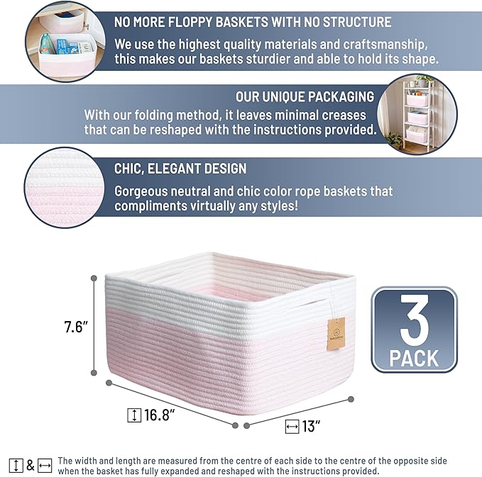 NaturalCozy Storage Baskets 16.8?쓝13?쓝7.6??Cotton Rope Woven Baskets for Organizing 3-Pack | Toy Storage Bins | Basket for Shelves, Laundry, Blanket, Clothes, Closet, Kitchen, Bathroom, Gifts