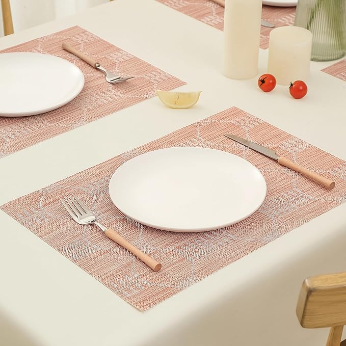 Leetaltree Coral Placemats Set of 4 - Heat Resistant Non-Slip Place mats for Dining Table, Washable Durable PVC Vinyl Woven Table Mats（Coral, 4）