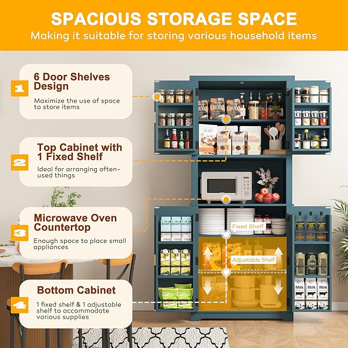 BlueWish 72" Pantry Cabinet with Cable Management Hole, Tall Kitchen Pantry Storage Cabinet with Microwave Stand, Kitchen Cupboard Fluted Buffet Sideboard Hutch for Living Room, Dining Room