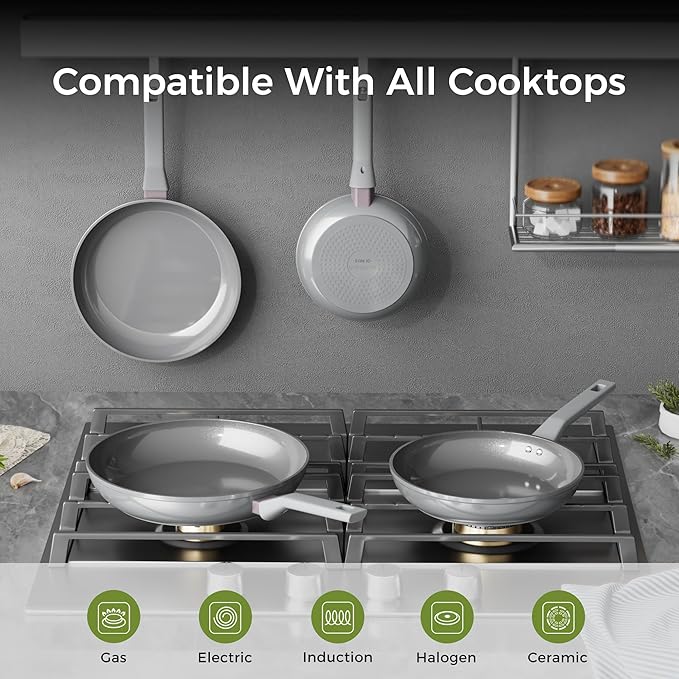 Sanho Ceramic Frying Pan Set, 8 & 10 Inch Non Toxic Non Stick Cookware Set, PFAS & PFOA Free, Induction Safe Pan, Dishwasher Safe, Gray