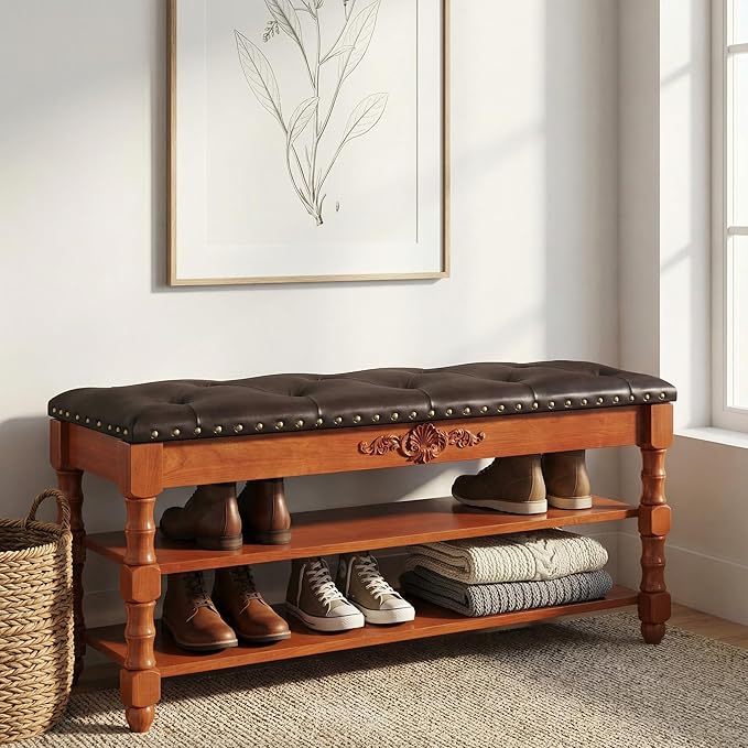 TRIBEWOOD 39-inch End of Bed Bench, Faux Leather Tufted Storage Bench with Lift Top Seat and 2 Tier Storage Shelves, Bedroom Bench Footrest Stool with Hidden Storage and Wood Leg, Vintage Style