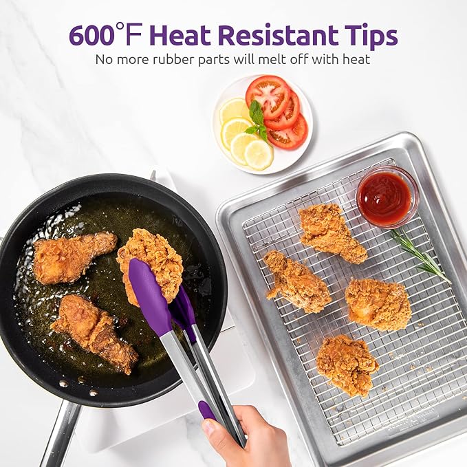 600쨘F Heat Resistant Kitchen Tongs: U-Taste 9+12 inch Silicone Cooking Tong Set with Firm Sealed Non Stick Rubber Tips and Silicon Coated 18/8 Stainless Steel Handle for Serving Grilling Salad(Purple)