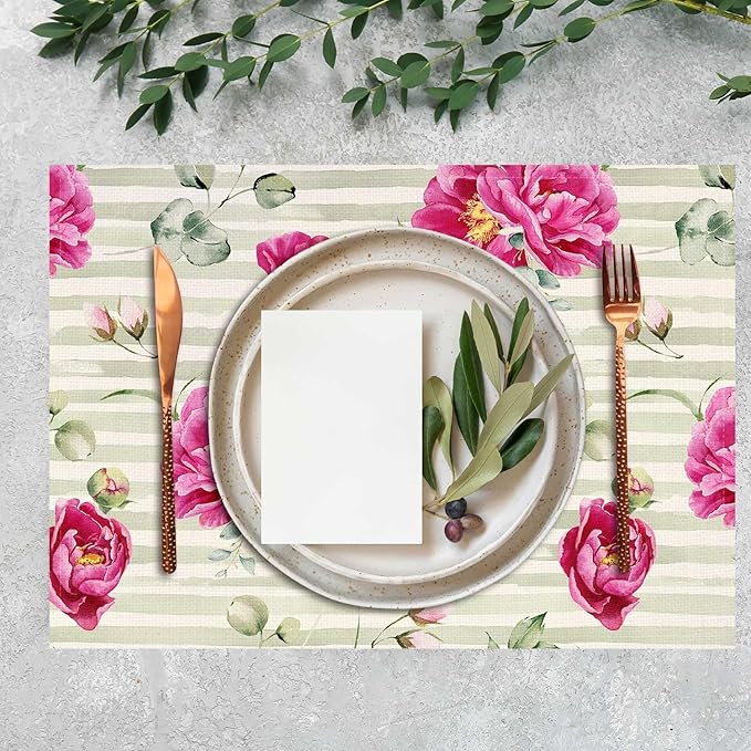Jauageon Red Peony Flowers Placemat Set of 4 Spring Floral Placemats Spring Summer Eucalyptus Table Mats for Indoor Outdoor Home Party Kitchen Dining Decor Farmhouse Burlap Table Mats 12x18 Inch