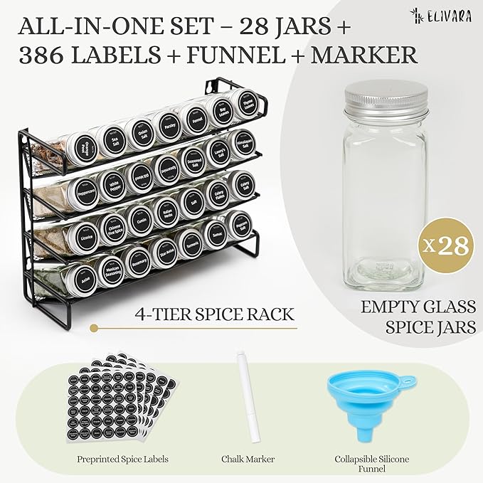 4-Tier Spice Rack Organizer Set ??Wall Mounted or Countertop ??Includes 28 Glass Spice Jars, 386 Spice Labels, Funnel, and Chalk Marker ??Kitchen Spice Storage Solution
