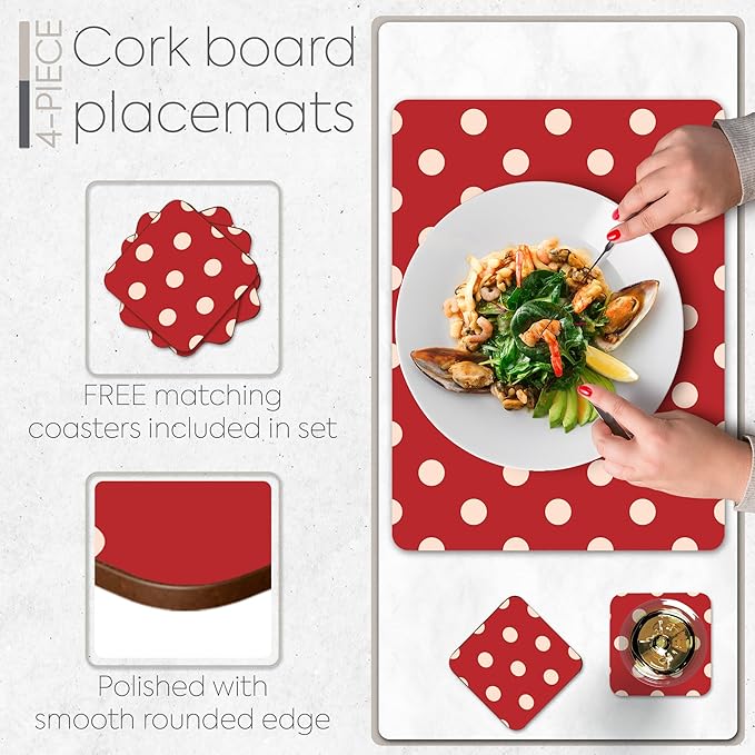 Moderry Set of 4 Heat Resistant Cork Placemats for Dining Table with Free Set of 4 Matching Drink Coasters Cream & Red Polkadot Design 16 x 12 Inches Cork Backed Hard Placemats (Red Polkadot)