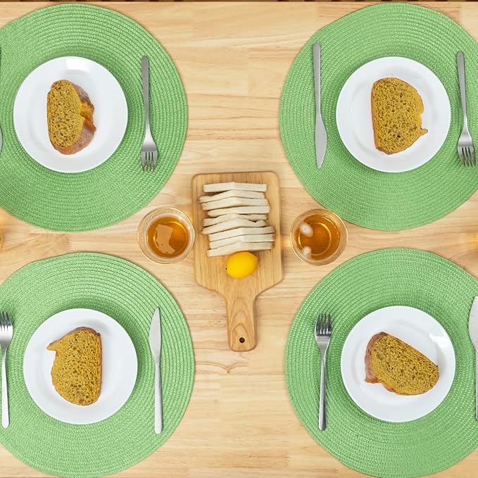Winknowl Round Braided Placemats Set of 4 Washable Woven Heat Resistant Table Mats for Kitchen Dining Tables 15 inch Round Place Mats (Grass Green,4pcs)