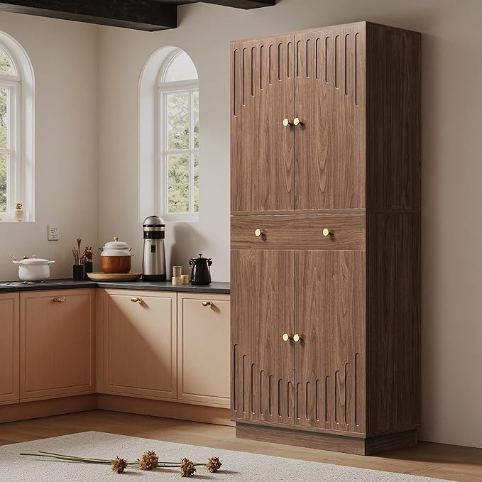 IRONCK Farmhouse Kitchen Pantry Cabinet, 72" Tall Pantry Cabinets with 2 Pull Doors and Drawer Organizing Board Storage for Home Kitchen Dining Room, Walnut Brown