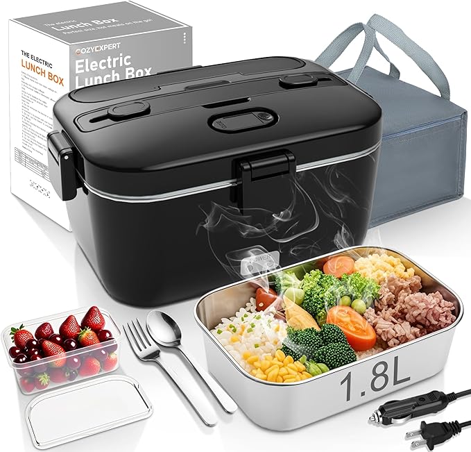 COZYEXPERT Electric-Lunch-Box-Heated-Food-Warmer 100W Heating Lunchbox for Adults 1.8L Portable Food Heater for Work/Car, 12V/24V/110-230V Lonchera El챕ctrica Port찼til with Fork Spoon (Black)