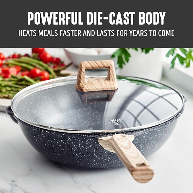 GreenLife Nonstick 12??(5QT) All in One Deep Skillet Wok with Lid, PFAS-Free Non-Toxic Ceramic Multi-Purpose Pan, Induction, All Stovetop, Egg, Stir Fry, Saute, Stay Cool Handle, Granite Black