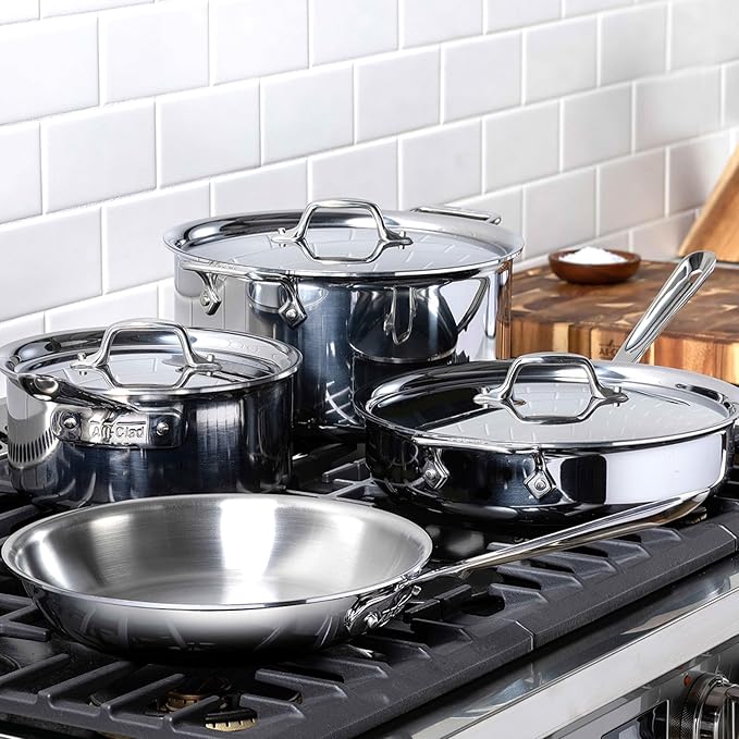 All-Clad D3 3-Ply Stainless Steel Cookware Set ??7-Piece Pots and Pans Set, Induction, Oven Broiler Safe 600F - Includes Frying Pans, Saucepans, Saut챕 Pan, Stockpot, Professional Cookware ??Silver