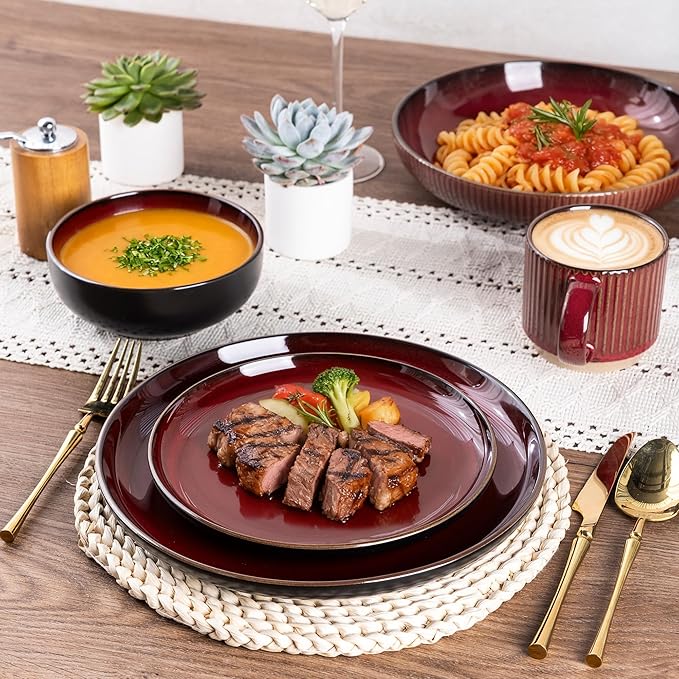 GBHOME Ceramic Dinnerware Sets for 4, 12 Pieces Stoneware Plates and Bowls Sets, Scratch Resistant Dishes, Dishwasher & Microwave Safe, Reactive Glaze-Burgundy