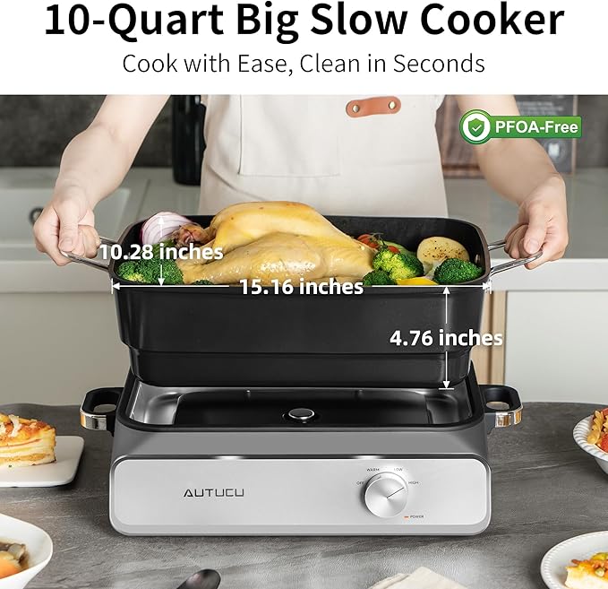 Slow Cooker 10-Quart - PFOA-Free Ceramic Coating, Oven Safe to 450째F | Keep Warm Function for Large Family Gatherings (Includes Silicone Spoon)