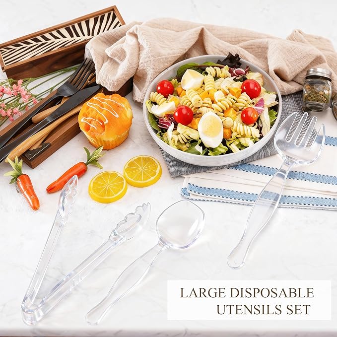 Mwellewm 24Pcs Plastic Serving Utensils 9'' Disposable Serving Spoons for Buffet Clear Forks Serving Tongs Heavy Duty Large Party Utensils Supplies for Restaurant Food Dinner Salad Noodles Soup