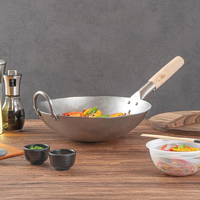 Motomori 12 Inch Hand-Hammered Carbon Steel Wok, 1 Traditional Japanese Wok - Round Bottom, Wooden Handle, Black Carbon Steel Traditional Stir Fry Pan, With Helper Handle - Restaurantware