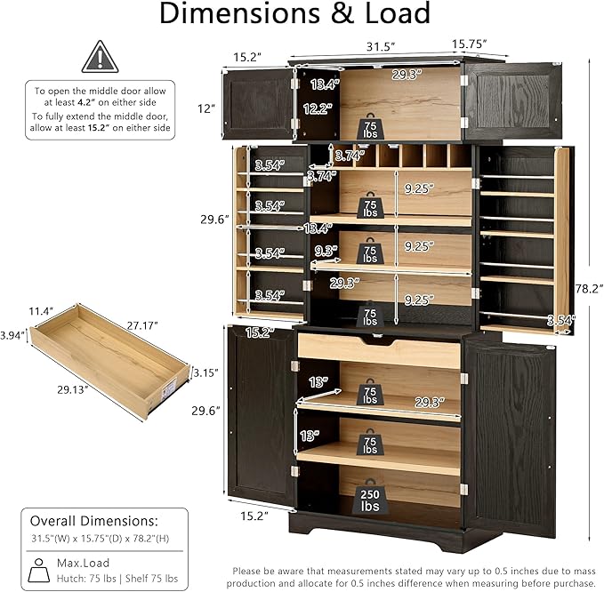 78" Farmhouse Tall Kitchen Pantry Cabinet, Wood Storage Cabinets with Hidden Drawer and 4 Adjustable Shelves, Cupboard with Wine Rack and Door Shelves for Kitchen Dining Room, Black