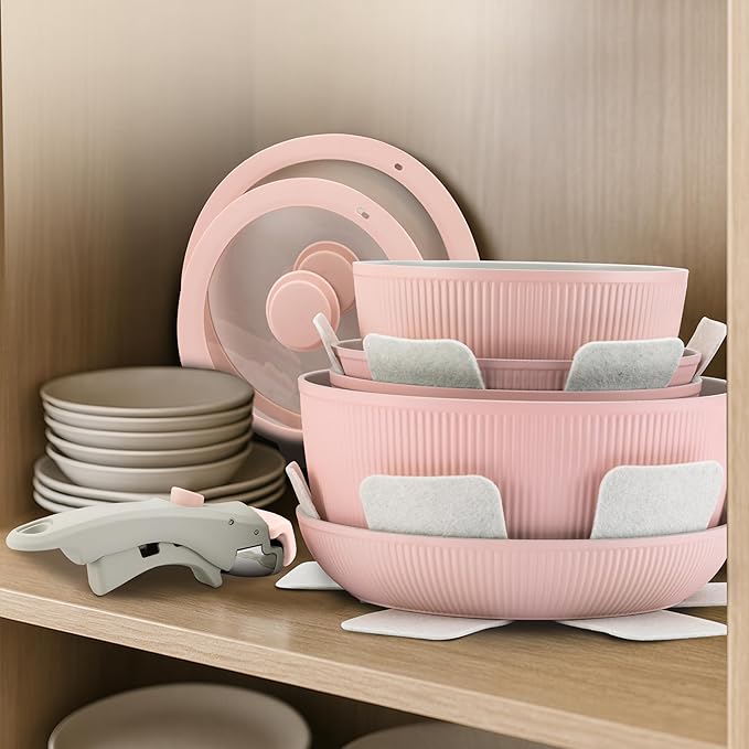 NutriChef 18-Piece Ceramic Cookware Set with Detachable Handles, Non Stick Pots and Pans, PTFE-Free Natural Ceramic Coating, Space-Saving Design, Oven & Stove Safe, Includes Utensils, Pink
