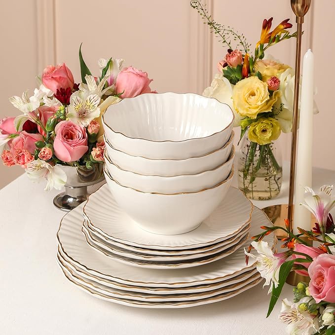Christian Siriano Zinnia Porcelain Dinnerware Set, 24-Piece Plates and Bowls Set, White and Gold Dish Set for 8, Scalloped Edge, Hand Wash Only